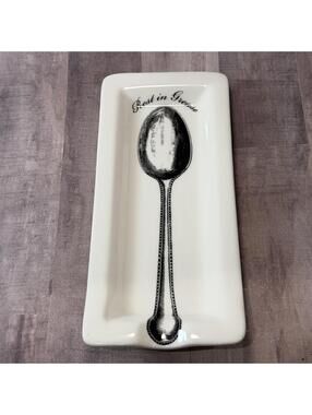 Fishs Eddy "Rest In Grease" Spoon Rest Ceramic Plate 3.75" x 8.75" Black White